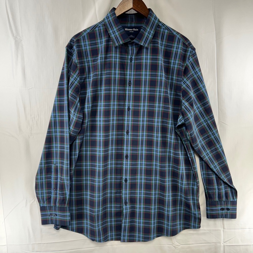 Mizzen+Main Leeward Dress Shirt Mens L Blue Plaid Performance Stretch 1WS-1936
